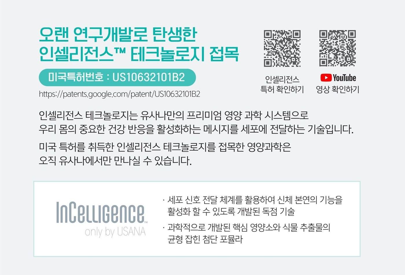 오랜 연구개발로 탄생한 인셀리전스™ 테크놀로지 접목. 미국특허번호 US10632101B2. 인셀리전스 테크놀로지는 유사나만의 프리미엄 영양 과학 시스템으로 우리 몸의 중요한 건강 반응을 활성화하는 메시지를 세포에 전달하는 기술입니다. 특허 원문과 영상을 QR 로 확인할 수 있습니다.