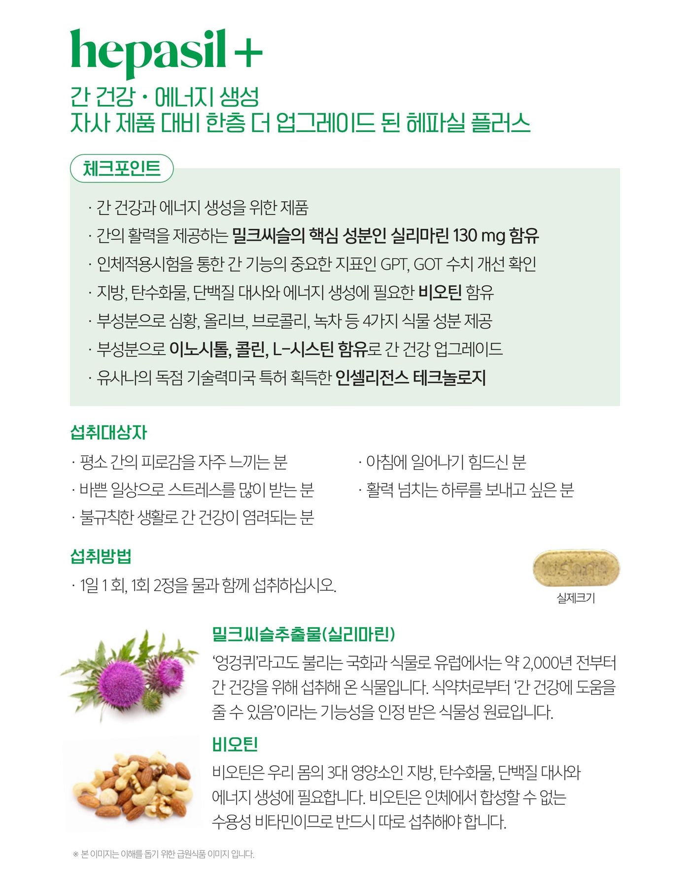 헤파실 플러스 체크포인트 — 밀크씨슬의 핵심 성분 실리마린 130 mg 함유, 인체적용시험을 통한 간 기능 지표 GPT·GOT 수치 개선 확인, 에너지 생성에 필요한 비오틴 함유, 부성분으로 심황·올리브·브로콜리·녹차 4가지 식물 성분, 이노시톨·콜린·L-시스틴 함유. 섭취방법은 1일 1회, 1회 2정을 물과 함께. 밀크씨슬추출물(실리마린)과 비오틴 설명.