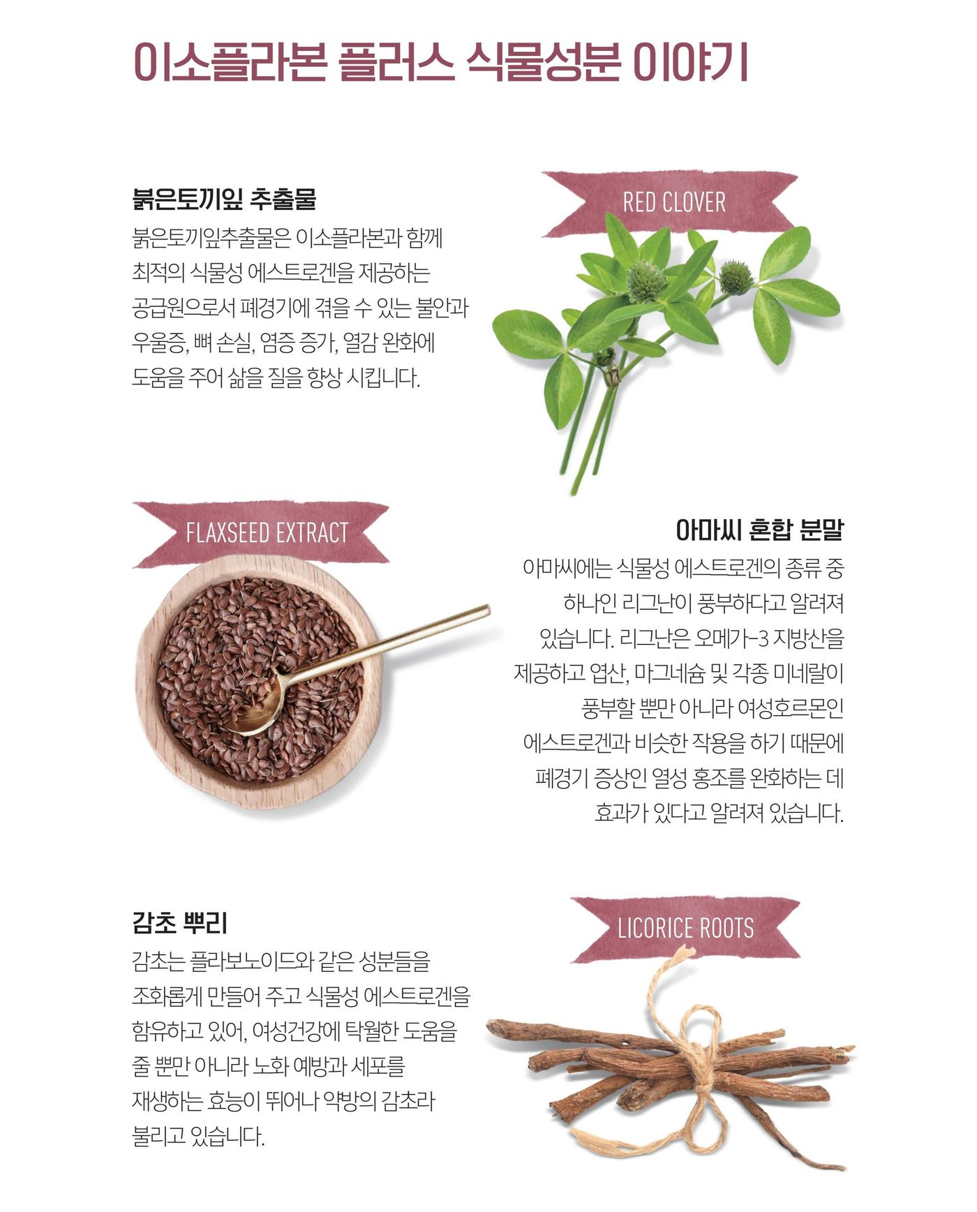 이소플라본 플러스 식물성분 이야기 — 붉은토끼잎추출물, 아마씨, 감초뿌리 등.