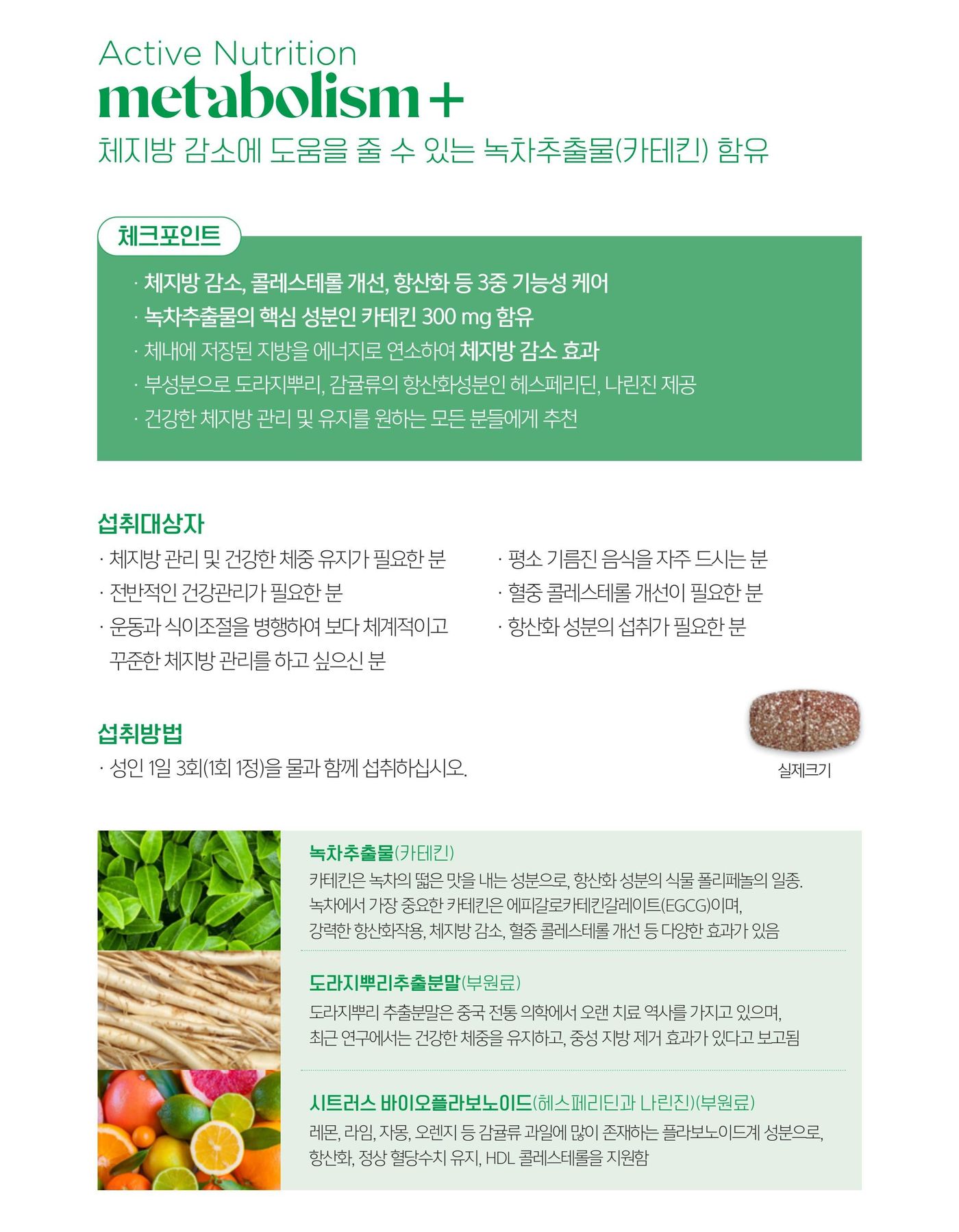 메타볼리즘 플러스 체크포인트 — 체지방 감소, 콜레스테롤 개선, 항산화 등 3중 기능성 케어, 녹차추출물의 핵심 성분인 카테킨 300 mg 함유, 부성분으로 도라지뿌리·감귤류의 항산화성분인 헤스페리딘·나린진 제공. 섭취방법은 성인 1일 3회, 1회 1정을 물과 함께.